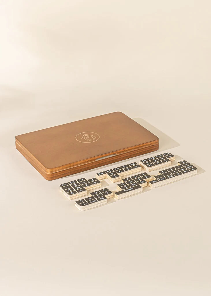 wooden toy laptop components with keyboard puzzle