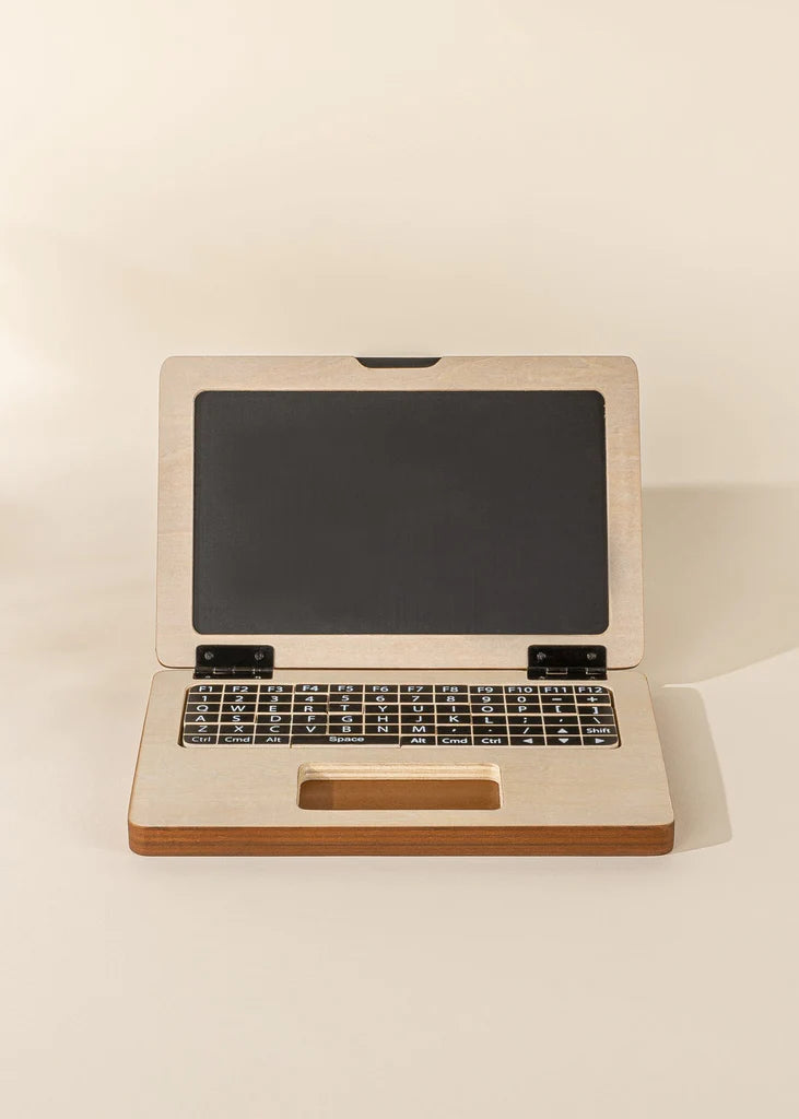 front view of wooden toy laptop