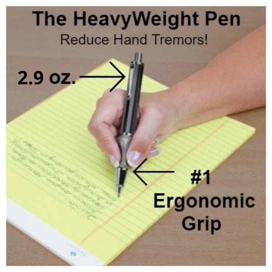 Heavyweight pen with ergonomic grip that reduces hand tremors