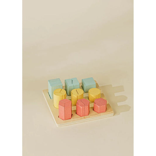 Montessori 3D wooden shapes puzzle sorted by colour, height and shape