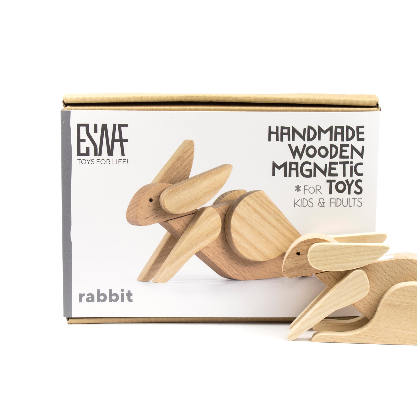 Handmade wooden magnetic toy rabbit with packaging, from ESNAF