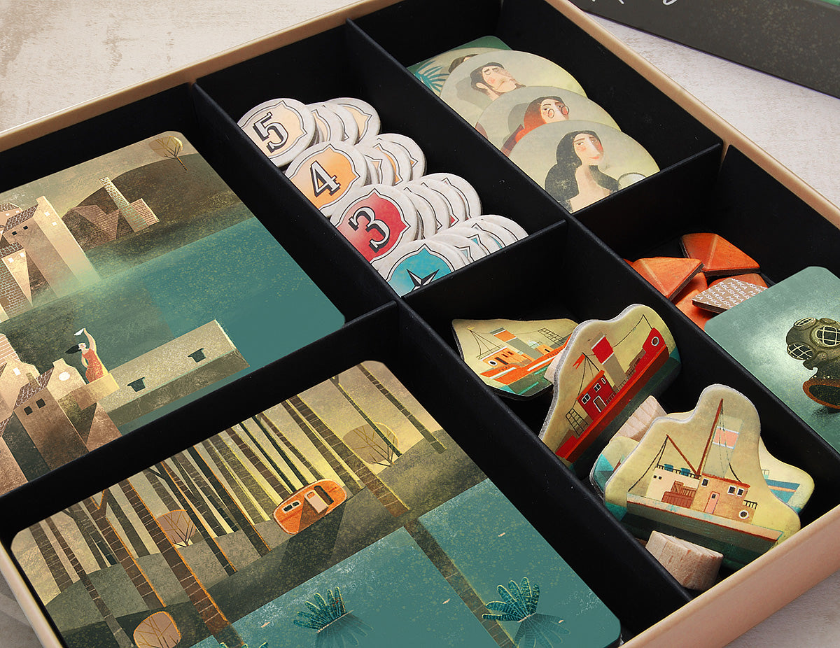 Board game box for River: game board, tokens and ship pieces.