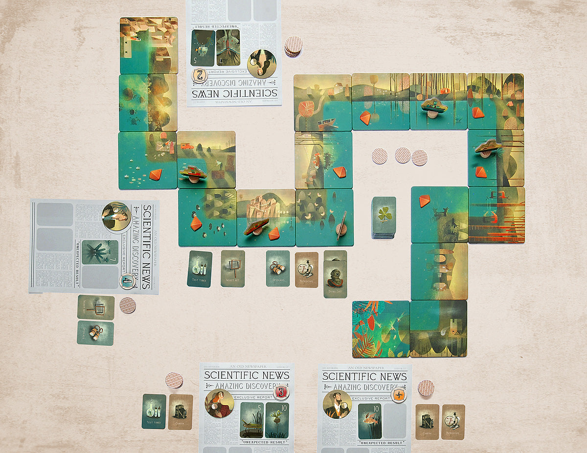 Game board of River with published news, cards, tokens and pieces.