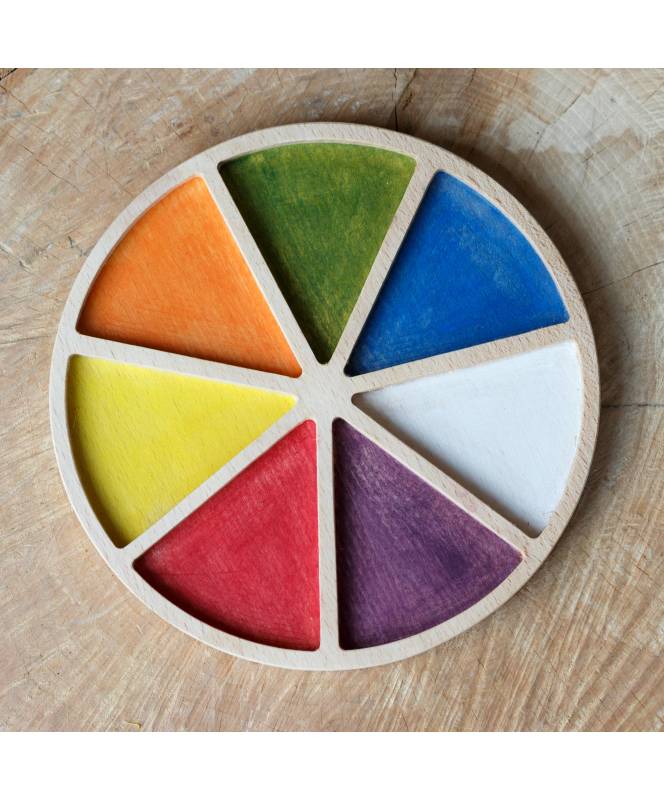 Rainbow wooden toy wheel from Ccocoletes for colour sorting or holding loose parts