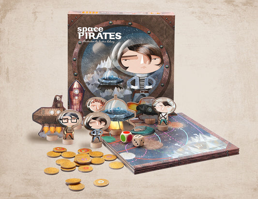 Space Pirates board game for kids: cover featuring a pirate in spacesuit and UFO.
