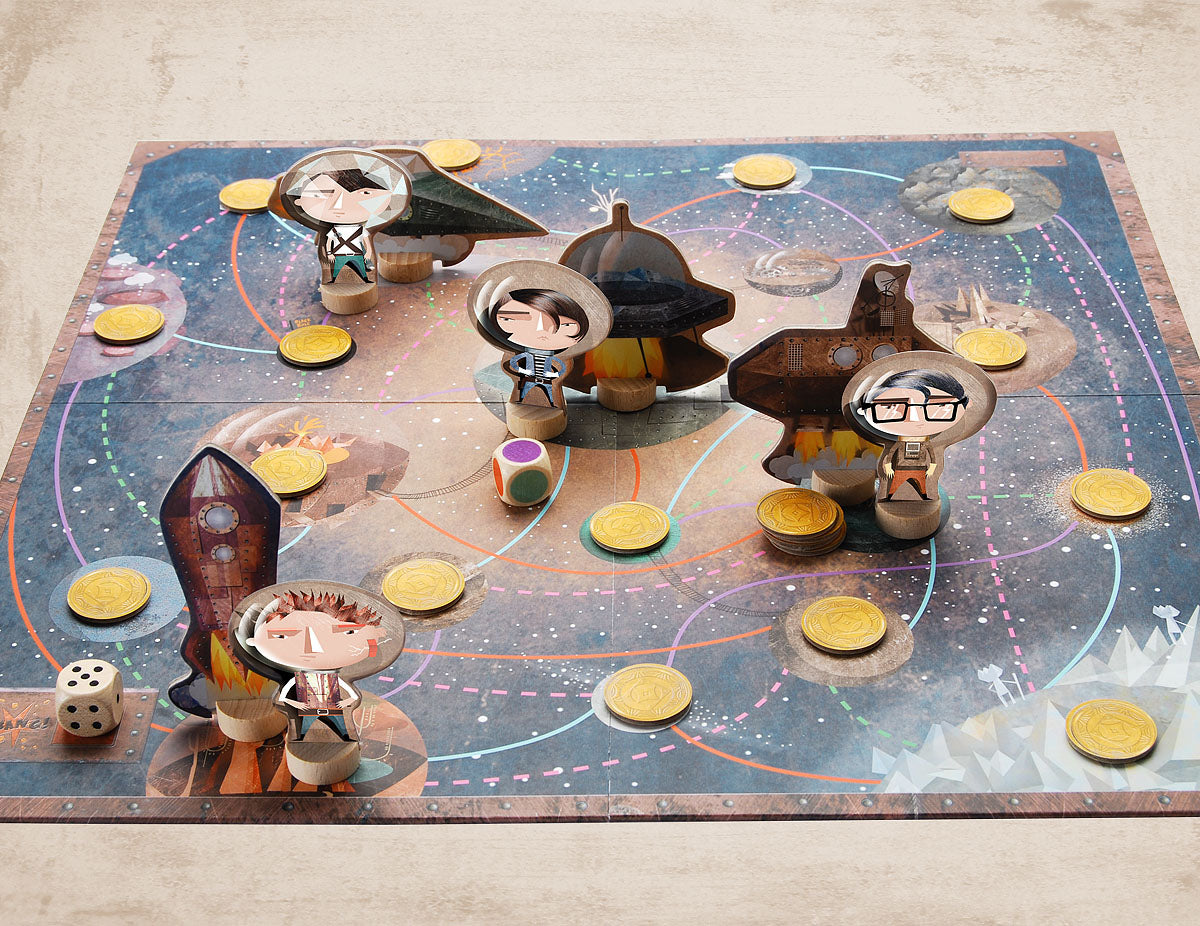 Space pirate game board with dice, spaceships and pirate figures