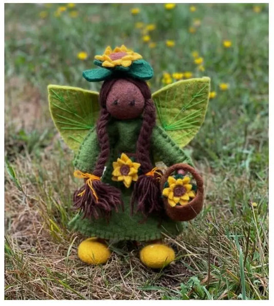 Sunflower handmade fairy doll with basket and green gown, from Himalayan Felt Co