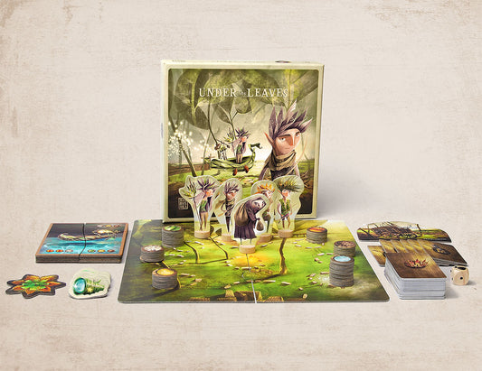 Under the leaves board game for children with contents such as cards, tokens and game board